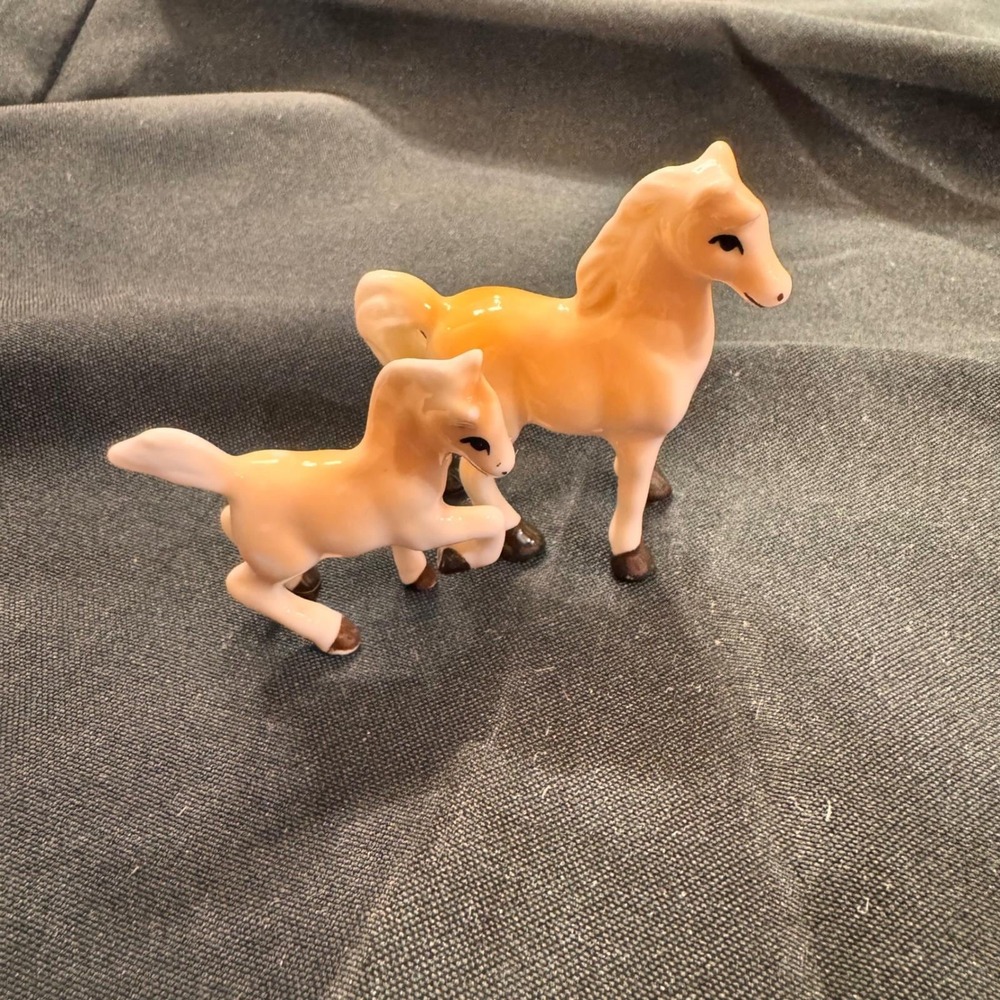 Vintage Porcelain Horses Bone China Figurines Mother & Foal Palomino Miniatures